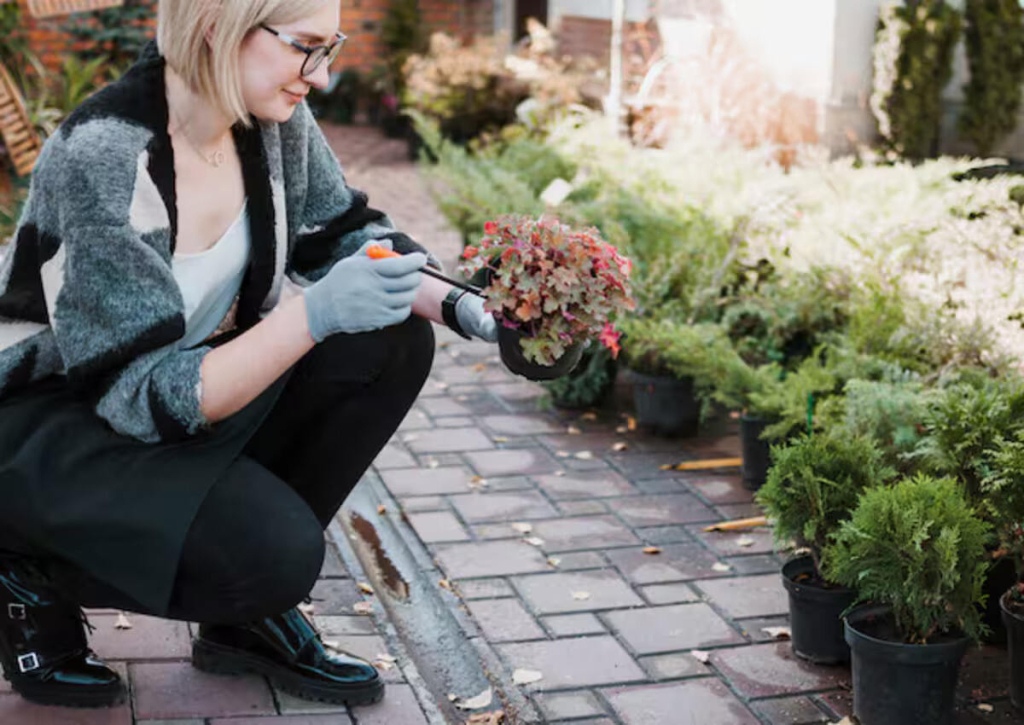 A female landscaper designing plants as an art