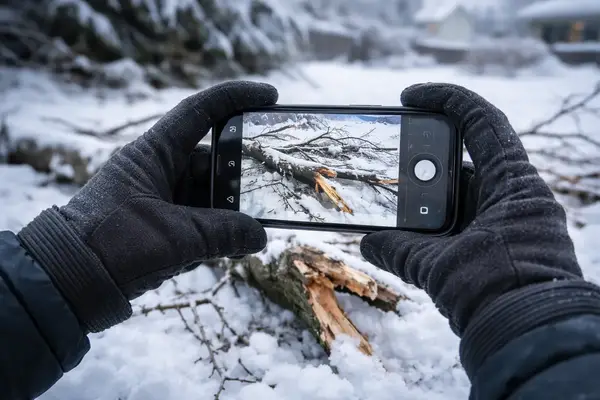 Homeowner documenting blizzard damage with smartphone for insurance