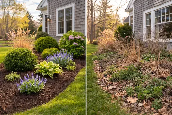 Garden cleanup vs restoration comparison showing maintained and neglected beds