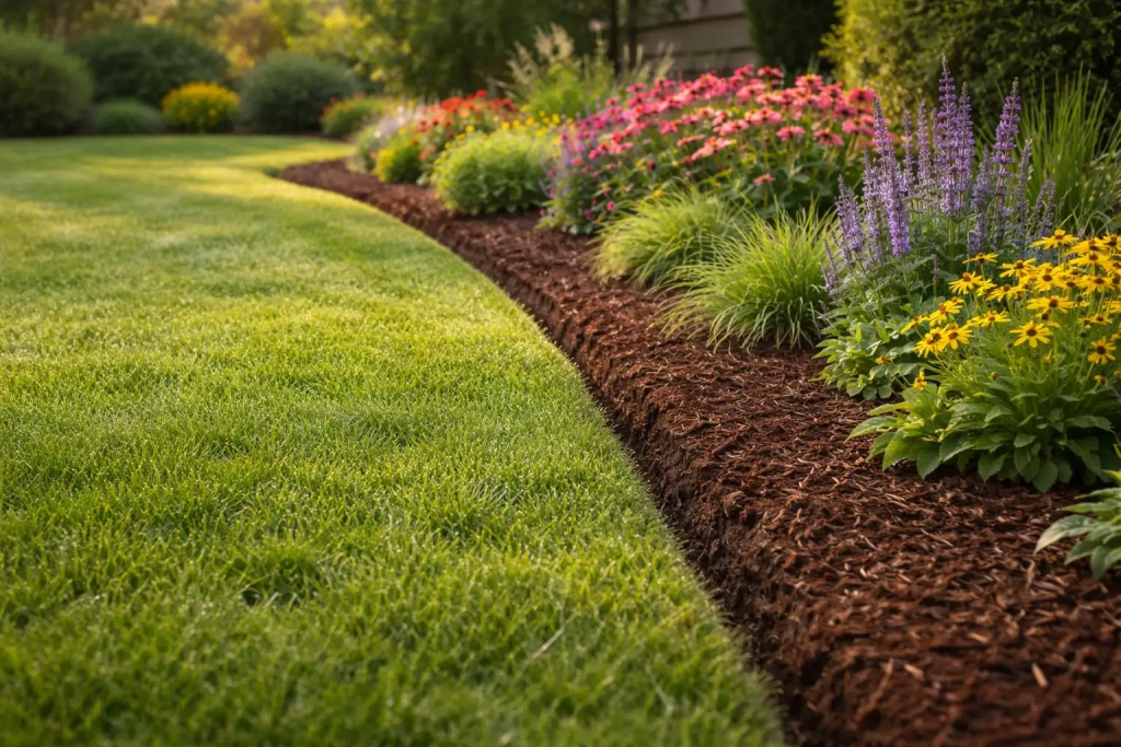 Clean garden bed edge separating a green lawn from mulched flower bed with blooming perennials