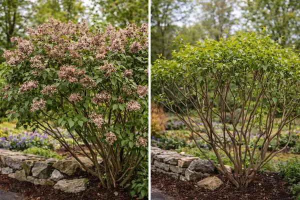 Before and after lilac shrub pruning in late spring
