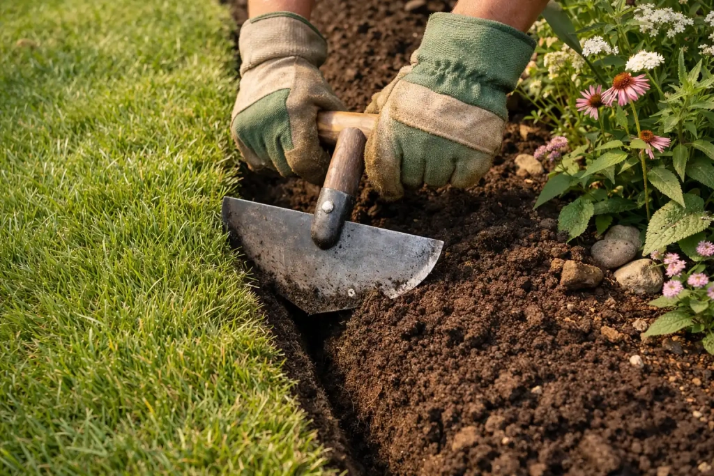 Hand-cut garden edge being shaped with a half-moon edging tool along a flower bed borde