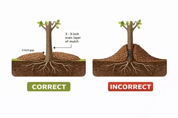 Correct vs incorrect mulching technique for tree health