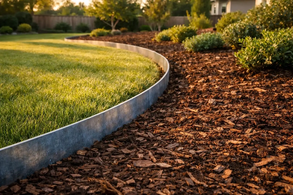 Metal strip garden edging creating a curved border between a lawn and a mulched planting bed