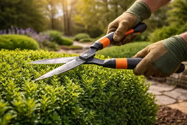 Shaping boxwood hedge in early spring Rhode Island