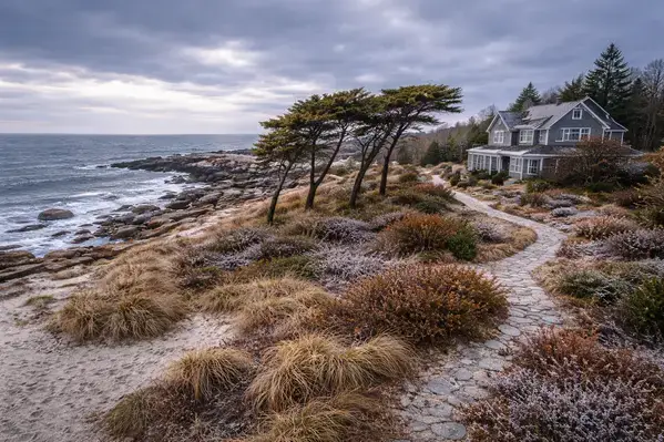 Winter windswept trees on Rhode Island coastal property showing salt and wind exposure