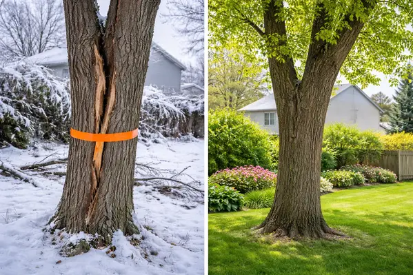 Before and after comparison of storm-damaged tree versus recovered tree