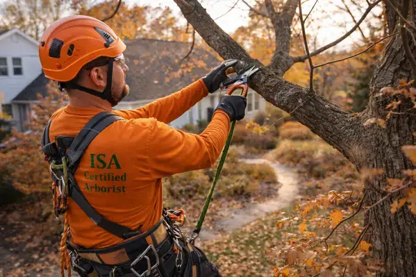Professional arborist performing structural pruning to prevent winter ice damage