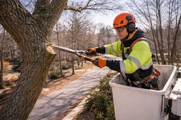 Professional arborist pruning large tree in Rhode Island