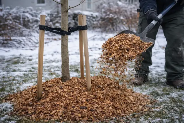 Staked tree with fresh mulch applied after blizzard recovery