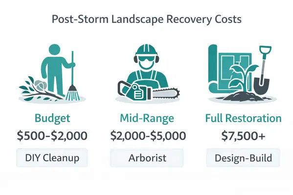 Post-storm landscape recovery cost tiers from budget to full restoration