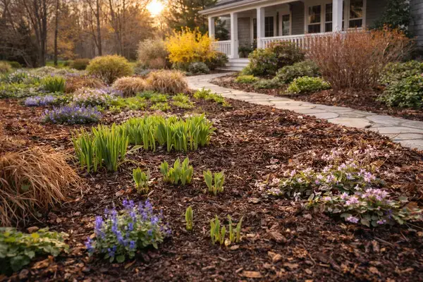 Completed spring garden cleanup with fresh mulch and emerging plants