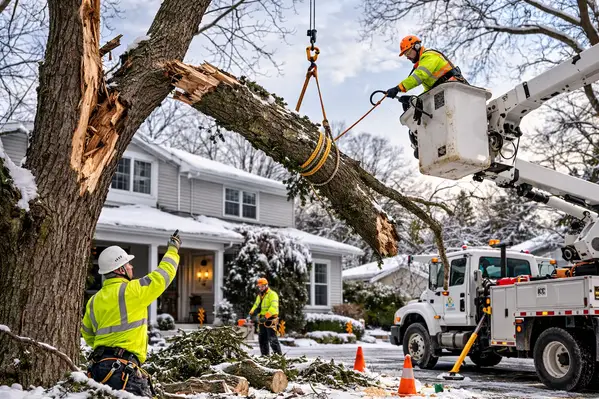 Professional arborist crew removing storm-damaged tree safely
