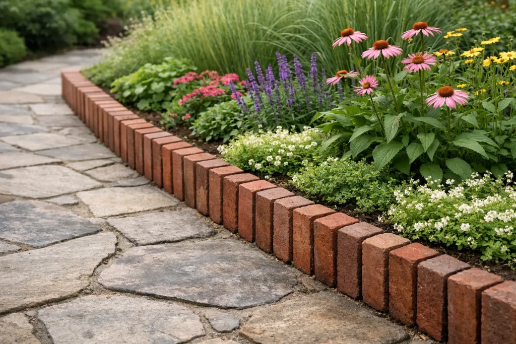 Brick garden edging laid in a straight row along a walkway beside a colorful flower bed
