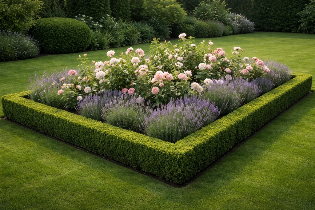 Neatly trimmed boxwood hedge border edging a formal garden bed with flowering plants