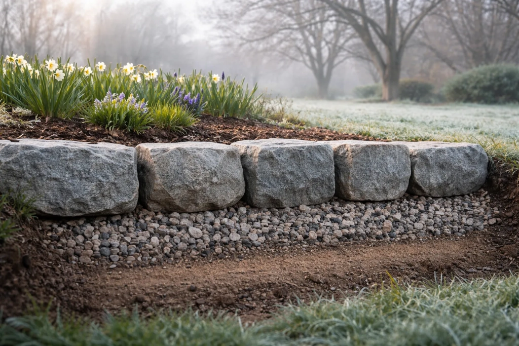 Natural stone garden edging installed over a gravel base in a cold-climate yard with frost on the ground