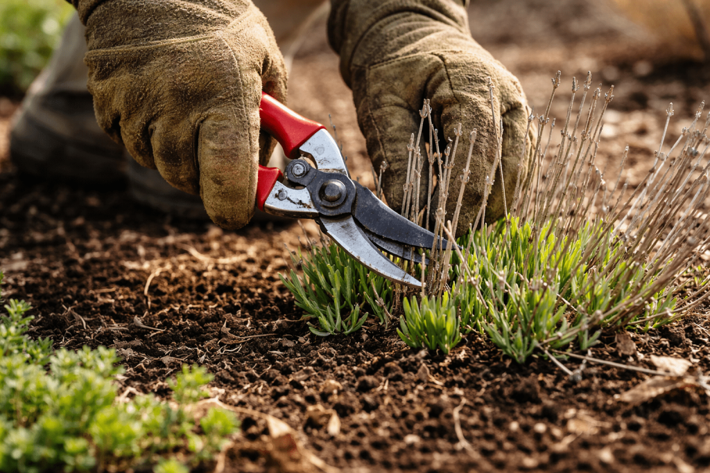 Pruning perennials in spring showing new growth at base