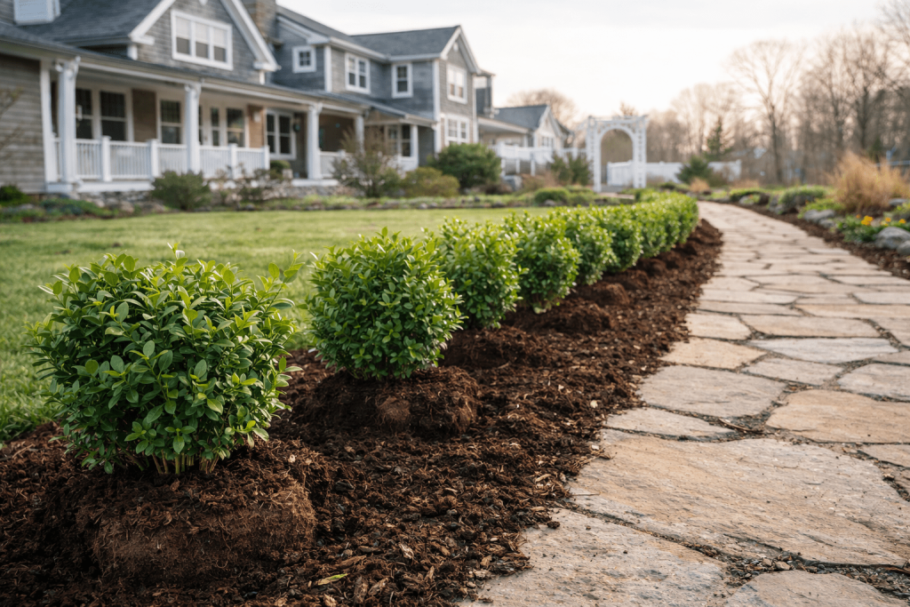 Newly planted evergreen boxwood shrubs in spring