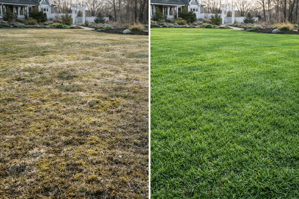 Before and after spring lawn restoration results
